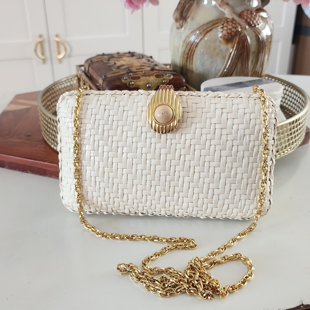 Rodo White Woven Clutch with Gold Chain